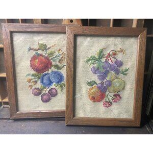 Vintage Glass-covered Wood Framed Fruit Needlepoint Art Set Of 2 Cross Stitch